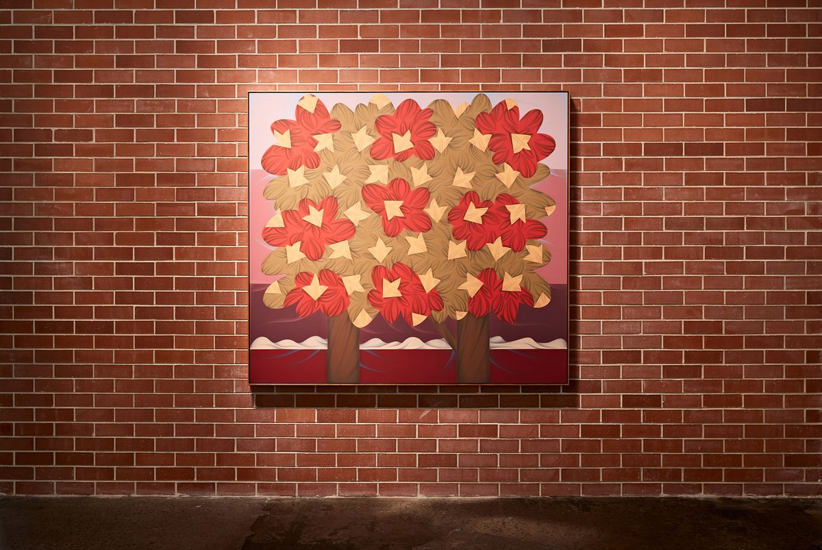 Installation view Mitch Cairns, Self-portrait as an Autumnal Low, 2021, in The National 2021: New Australian Art, Carriageworks, Sydney. Brick Wall by David Cairns. (Photo: Nick  de Lorenzo)