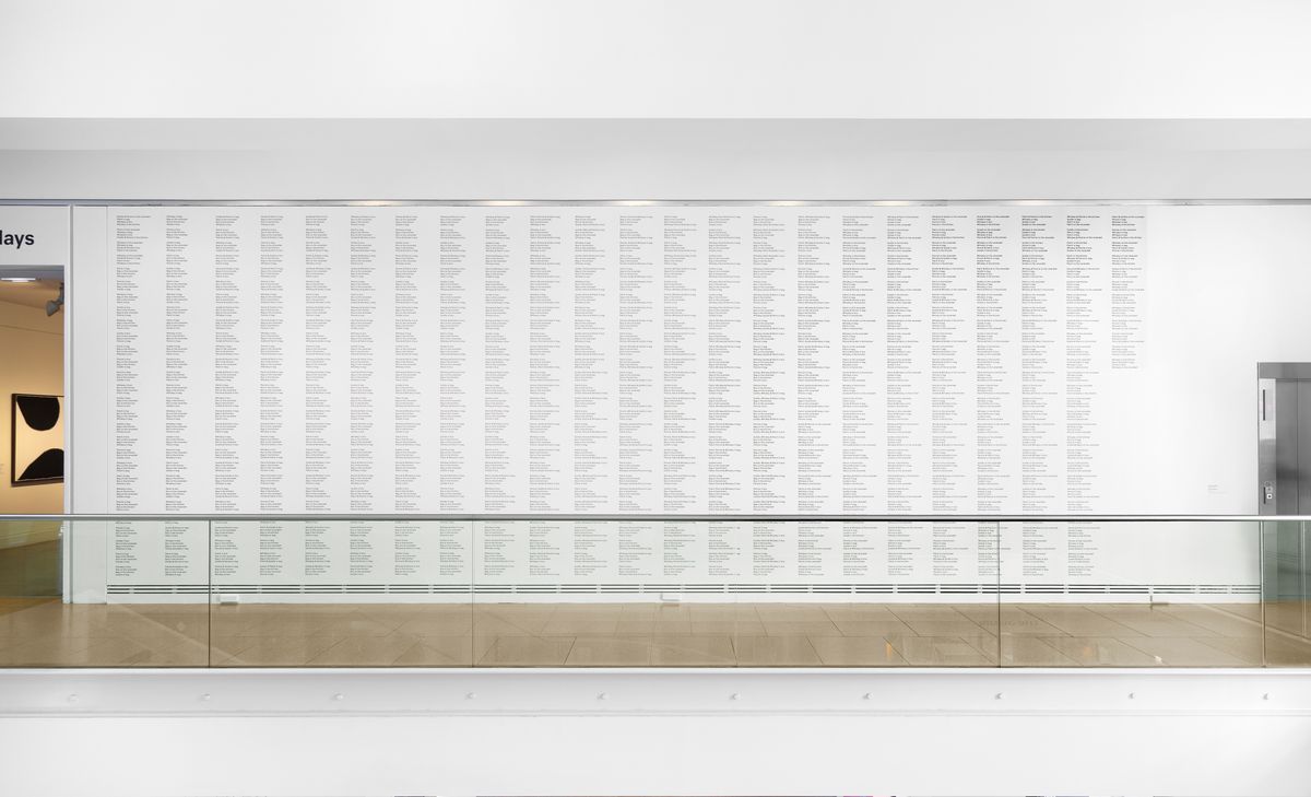 Mitch Cairns, Polaroid Sketch, 2021 – 2022, adhesive vinyl on wall, contract, c. 10,000 word poem, 356 × 1083 cm, (Photos: Saul Steed)