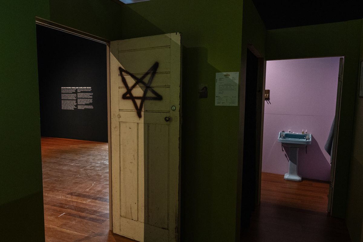 installation view: Archie Moore — Dwelling (Adelaide Issue), at Samstag Museum of Art, University of South Australia, Adelaide, 2024 