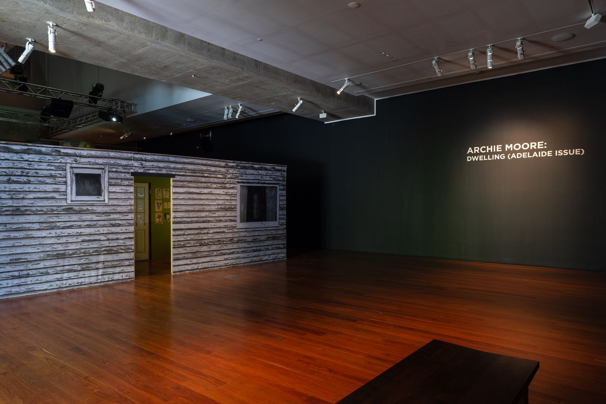 installation view: Archie Moore — Dwelling (Adelaide Issue), at Samstag Museum of Art, Adelaide, 2024 