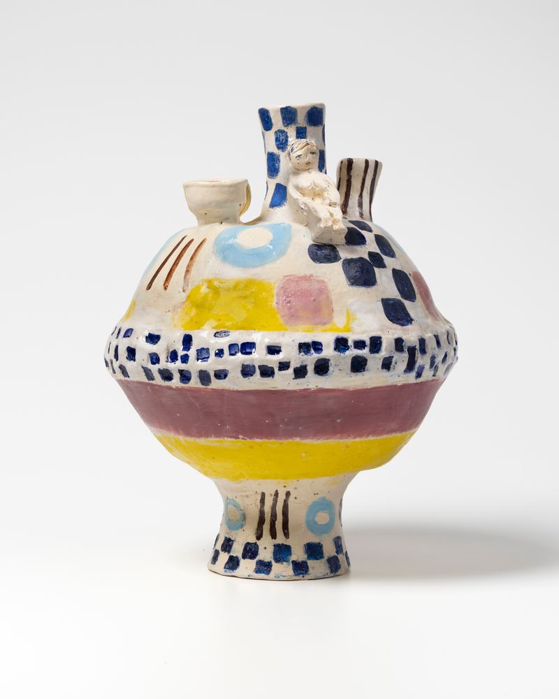 Angela Brennan, Pot with Figure and Checks, 2025