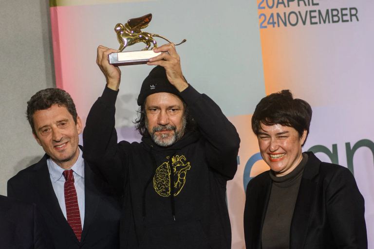 Moore, center, was announced as the winner of the Golden Lion prize for best presentation in a national pavilion at the Venice Biennale on April 20. Credit Simone Padovani/Getty Images