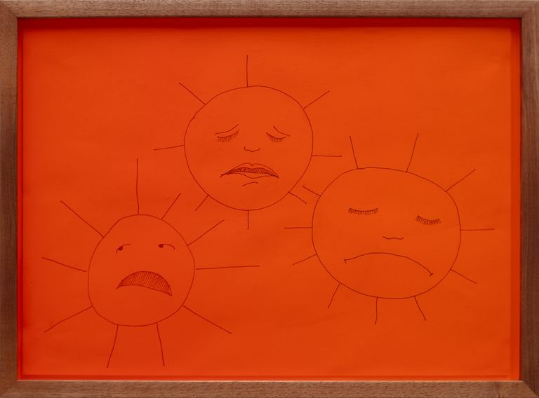 Agatha Gothe-Snape,&nbsp;<em>A Selection of Weary Suns Under Stained Glass</em>, 2025,&nbsp;Ink on paper custom framed with vintage coloured glass (detail) (Photo: The Commercial)