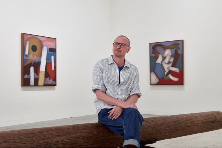 Mitch Cairns with <i>Restless
Legs</i>, 2025, at Art Gallery of New South Wales, Sydney&nbsp;(Photo: Art Gallery of
New South Wales)