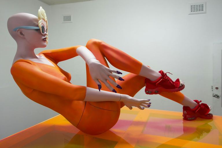 Justene Williams,&nbsp;<em>If I’m going to hell you’re coming with me</em>, 2023, mannequin, sunglasses, sneakers, perspex, dimensions variable, Knulp. Photo: courtesy of Knulp and Alex Gawronski