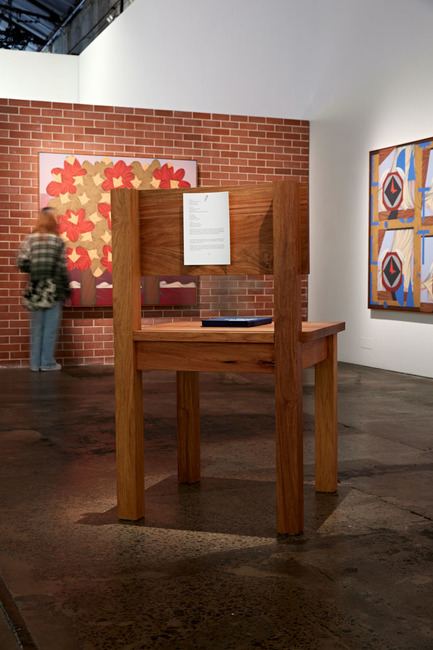 Mitch Cairns,&nbsp;<i>Selected Scuffs</i>, 2021, artist publication: 15 written texts, custom box, rosewood chair/support, 85.00 x 85.00 x 140.00 cm<br>(Photo: Nick de Lorenzo)