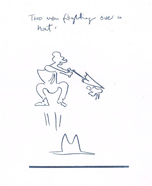 Two men fighting over a hat